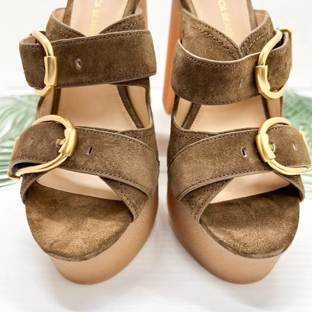 Veronica Beard Garrick Brown Suede Dual Buckle Platform Sandals Size 6.5M NWB
